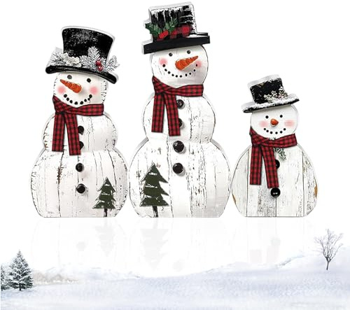 YOKJGHDO Schneemann Deko 3er Set, Schneemann Figur aus Holz im Landhaus Stil, Weihnachtsfiguren für Tisch Fensterbank Kamin, Winterdeko für Wohnzimmer Büro Kinderzimmer, Weihnachtsdeko Klein Geschenk