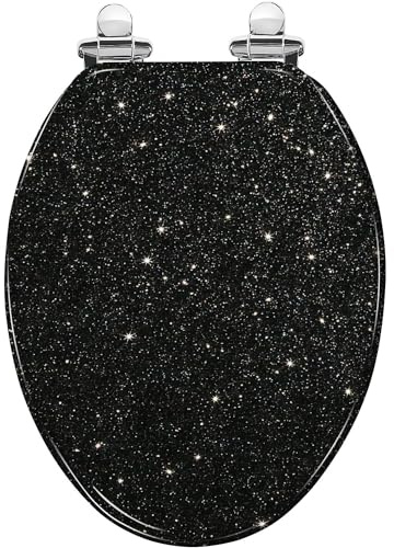 Elongated Black Glitter Resin Toilet Seat - Slow Close, Quick-Release Hinges, Easy to Clean
