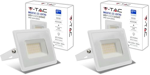 V-TAC Projecteur LED Extérieur 30W - [Haute Performance] Blanc- IP65 – 2510 Lumen – Lampe Étanche pour Maison, Jardin, Garage, Fabrique - Lumière Blanc Neutre 4000K (Lot de 2)