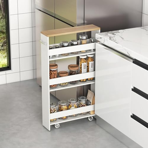 COSTWAY Nischenwagen 13cm breit, Nischenregal Badregal 4 Etagen, Nischenschrank auf Rollen, Servierwagen schmal, Küchenwagen mit Griff, Holz, Rollwagen Bad, 47,5x13x80,5cm (Weiß+Natur)