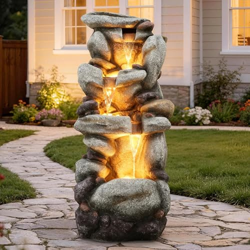 Ultym 40 Tall Oversized Rock Outdoor Water Fountain with LED Lights, 3-Tier Extra-Large Stacked Pebbles Waterfall for Garden Patio Yard, Weather-Resistant Resin Water Feature for Tranquil Oasis