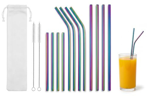 Metal Straws 6PCS, Curved Stainless Steel Reusable Straws with Brushes | stainless steel straws 6PCS, curved iridescent, reusable, 2 brushes, beige linen bag, 215mm, drinks