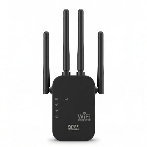 Ziyonix WiFi-repeater, WiFi-signalförstärkare 1200 Mbps Dual Band Repeater 5G/2,4 GHz WiFi-förstärkare Extender Repeater Signal med 4 Antenn Lämplig för Hemmakontor (svart)