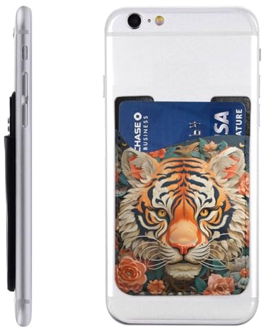 Zhufwei Ultra Slim Phone Card Holder, Paper-Cut Style Tiger Head with Floral Frame Phone Wallet Stick on Adhesive Credit Card Holder for Cell Phone Compatible with Most Smartphones