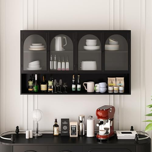 JCFEIDQW 120 cm Hängeschrank Küche, Küchenhängeschränke mit 4 Glastüren, Hergestellt aus hochwertigem Eisen und gehärtetem Glas, zur Wandmontage, Geeignet für Küchen, Wohnzimmer(Schwarz)