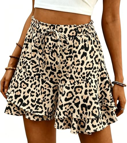 ROFUSSO Short D'étéà Volants Taille Haute pour Femme Short de Plage Fluide et Léger Jupe Courte Décontractée à Taille Élastique et Cordon de Serrage