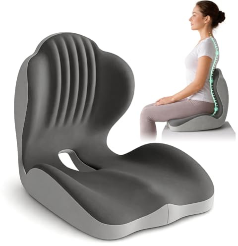 LOMUG Bürostuhl Sitzkissen mit Rückenlehne, Memory Schaum Orthopädisch mit Rückenstütze, Ergonomisch Steißbeinkissen für Lschias Auto LKW Rollstuhl Zuhause Büro Langstrecken Fahrer (Grau,B)