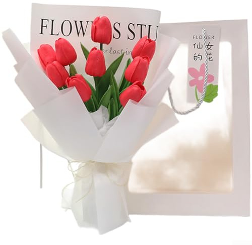Konstgjord tulpanbukett i koreansk stil, PU falska blommor för juldekor, elegant rosa röd blå blomarrangemang för födelsedags bröllop, 35 cm (ljusröd)