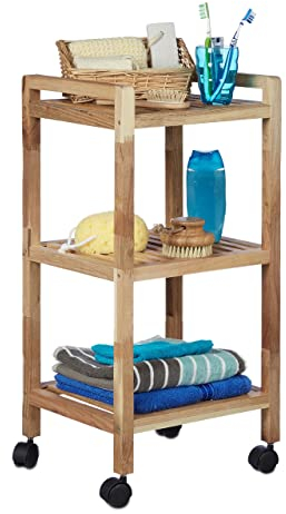 Relaxdays Badregal mit Rollen, Holz, HBT: 71,5 x 35 x 31 cm, Griffe, drehbar, 3 Ablagen, als Küchenregal, Holzregal, natur
