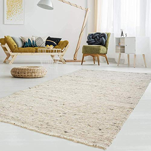 Gewalkter Handweb-Teppich Lambrecht aus hochwertiger Schurwolle edel und aufwendig verarbeitet fürs Wohnzimmer, Eszimmer, Schlafzimmer und die Küche geeignet 63 Grau Beige meliert 070 x 130 cm