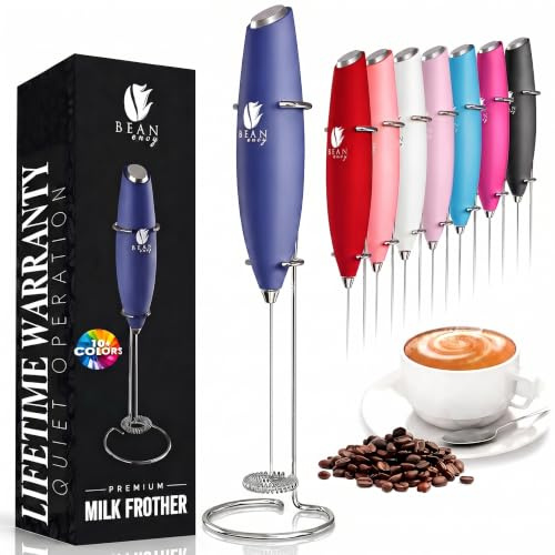 Bean Envy Montalatte per caffè – Mini miscelatore elettrico per bevande, schiuma e montalatte con supporto per caffè, latte, cioccolata calda e frullati – blu