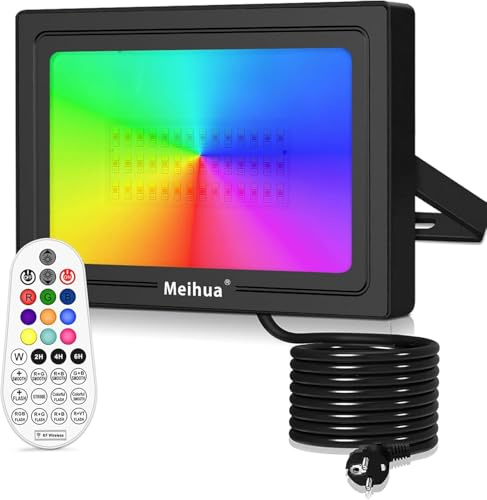 MEIHUA Proiettore RGB Esterno 60W 10 Colori 12 Modalità 6 Luminosità Faro Colorato con Telecomando 360 ° Funzione Memoria Timer IP66 Impermeabile Luce RGB per Festa Giardino Corridoio Halloween Natale