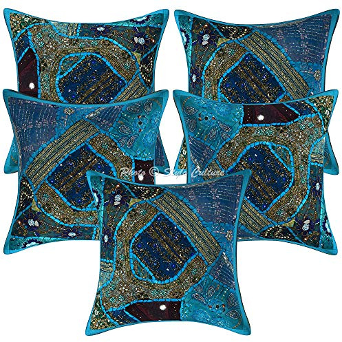 Stylo Culture Boho Fundas De Almohadones Decorativa 40x40 cm Algodón Bordado Forros para Cojines Silla Turquesa 16x16 Inch Patchwork De Cuentas Cuadrado sobre Fundas para Cojines Cama - 5 Pcs