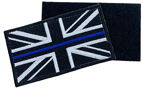 Badge Union Jack tunn blå linje Union Jack broderad lappkrok och ögla baksida polis Storbritannien