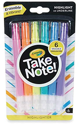Crayola Take Note radierbare Textmarker, cooles Schulbedarf, Keilspitze, 6 Stück, 6 Stück