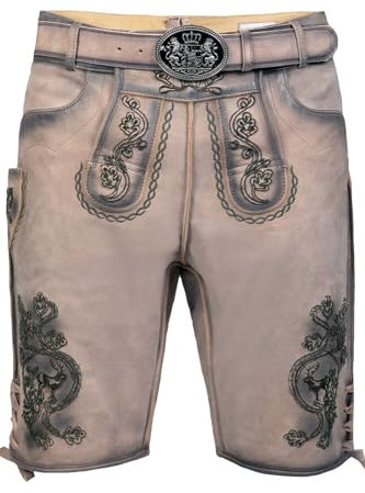 Edelnice Trachtenmode Bayerische Traditionelle Kurze Lederhose Felix aus Ziegenleder mit aufgerauter Stickerei inkl. Gürtel Gr. 48