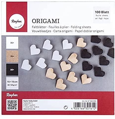 Rayher Origami-Faltblätter, 100 Blatt sortiert, 15 x 15 cm, 80-100 g/m2, 3 Farben sortiert, scharz/weiß/kraft, beidseitig, Bastel-Faltpapier für Kinder und Erwachsene, 67369999
