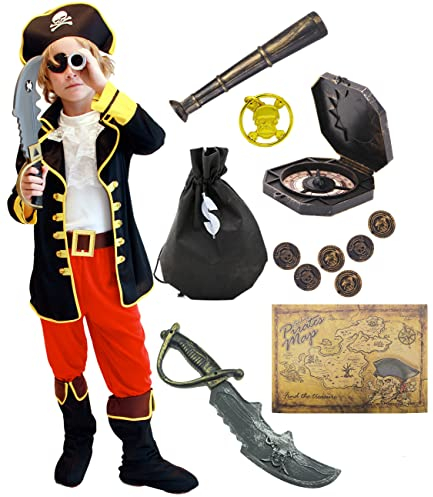 Windskids Piratenkostüm Kinder Jungen mit Augenmaske Kompass Schatzkarte Fernrohr Piraten Zubehöre Halloween Karneval Party Verkleidung Costume für Kinder