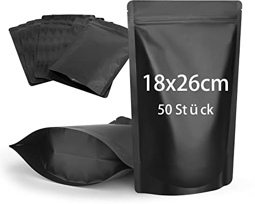 CANLENPK - 50 sacchetti in Mylar richiudibili, con chiusura lampo, per alimenti, pellicola di alluminio opaca, termosaldabile (nero, 18 x 26 cm)