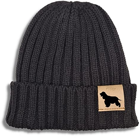 siviwonder Beanie Strickmütze Wintermütze Unisex One Size mit Label Hundemotiv Cocker Spaniel, Rippstrick Umschlag, Gassi Mütze für Damen und Herren für Spaziergang Training und Alltag Black