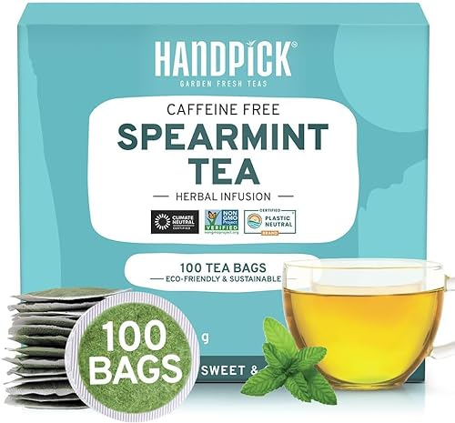 HANDPICK, Spearmint Tea Bags (100 Count) Non-GMO, 100% Pure Spearmint Leaf Tea Bags Certified by Tea Board of India | Round Eco-Conscious Teabags