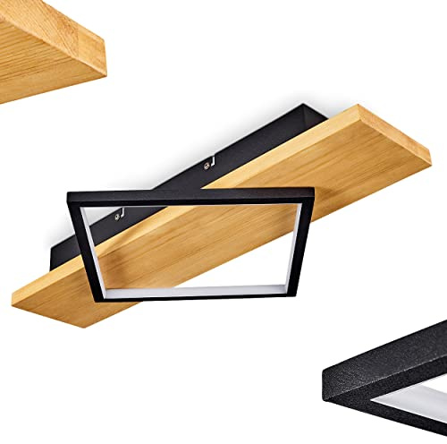 HOFSTEIN LED Deckenleuchte Pompu, moderne Deckenlampe aus Metall/Holz/Kunststoff in Naturfarben/Schwarz/Weiß, moderne Leuchte mit Holzbalken, LED 22,5 Watt, 3000 Kelvin, 2800 Lumen