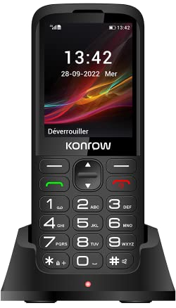 Konrow Senior 280 - Grosses Touches - Très Facile d'Utilisation - Écran 2,8'' Lisibilité Optimale - Double Sim - Station de Charge - Bouton SOS - Appareil Photo et Bluetooth - 32Mo RAM - Noir