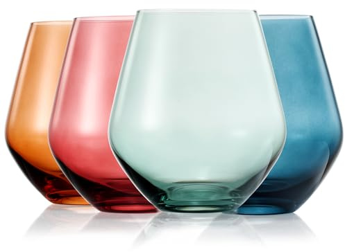 Khen - Colored Muted Colored Glasses - Water & Wine | Set of 4 | Pastel Muted Crystal Glassware, Goblet Cocktails, Red & White, Dinner Color Beautiful - Stemless Wine Glass Set 16oz