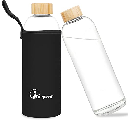 Bugucat Trinkflasche aus Borosilikatglas, 1 Liter, wiederverwendbar, Glas mit Schutzhülle und auslaufsicherem Deckel