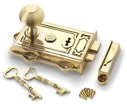 Solid Brass Davenport Rim Lock with Satin Brass Beehive Rim Door Knobs Pair