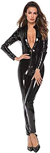 Women Patent Leather Bodysuit Sexy Clubwear Bodysuit Adult Cosplay Costumes Motorcycle Dancewear,Black,XX-Large
