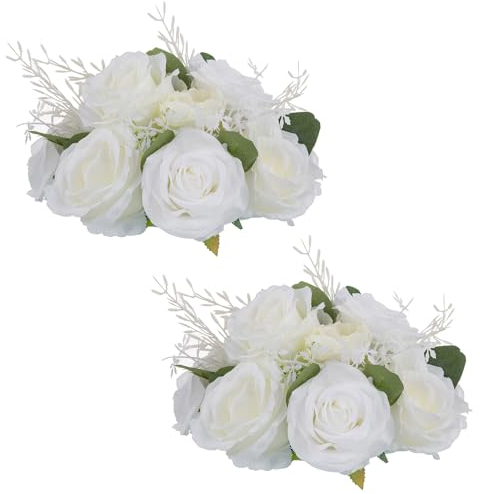 NUPTIO Künstliche Blume Mittelstücke für Tische: 2 Stück 24cm Durchmesser Weiß Gefälschte Rose Blumen Anordnung Seide Faux Bouquet Hochzeit Mittelstücke für Hause Party Jahrestag Dekoration