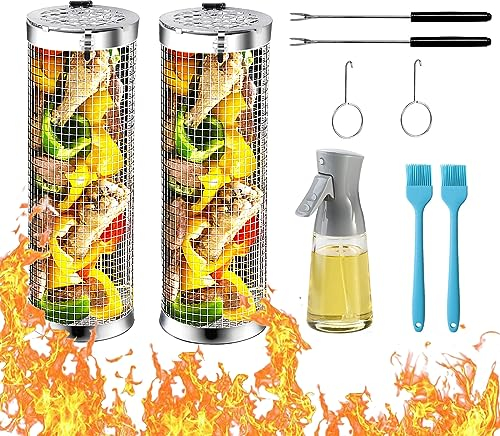 Cestelli per Barbecue 2 pezzi, Cestello per grigliare rotante con BBQ Spruzzino, Pennello Barbecue, Forchetta Barbecue, Griglia per Barbecue in Acciaio Inossidabile per all'aperto Verdure, Carne