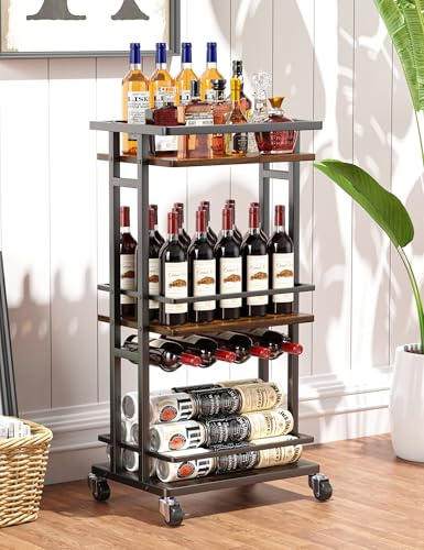 OKZEST 3-stöckiger Likörschrank mit Weinregal, Mini-Barwagen für Zuhause, kleine Likörbar für Alkohol, rollende Küche, Servierwagen auf Rädern, Weingetränkewagen für Party, Barständer für kleinen Raum