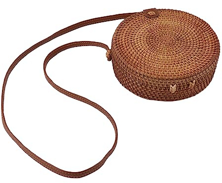 HERCHR Handgewebte Runde Rattantasche, Gewebte Schultertasche aus Rattan Mit Lederband, Handgewebte Umhängetasche, Strand-Boho-Geldbörse Für Frauen(ZU)