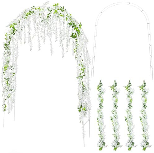 Yaocom Arche de mariage en métal blanc de 2,4 x 1,4 m, treillis avec 4 glycines artificielles blanches de 2 m à suspendre pour intérieur ou extérieur, jardin, décoration de plantes grimpantes de