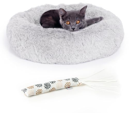 LITTLE LORD | Premium Bundle-Set Katzenbett flauschig, Katzenkörbchen flauschig inkl. der hochwertigen CanadianCat Spielrolle mit Katzenminze, Hellgrau, ca. Ø 50 cm