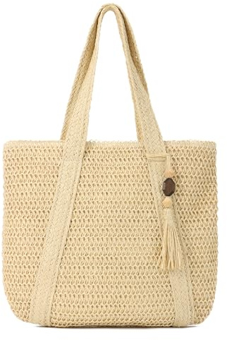 Syrads Sac de plage en paille pour femmes Sac fourre-tout tissé d’été Sac à main à bandoulière Boho Hobo Sacs,Beige