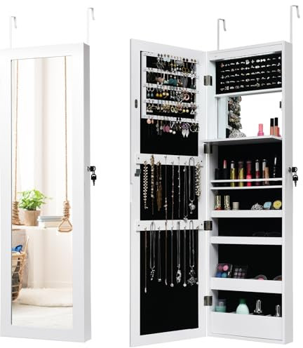 RELAX4LIFE Armadietto Portagioie da Parete/da Porta, Specchio Portagioie con Luci LED, Specchiera Portagioielli con Serratura, Organizzatore per Gioielli e Accessori (con Luci,Bianco)
