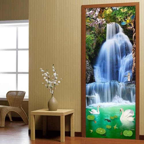 3D Wasserfall-Schwanensee-Landschaft Selbstklebende Türaufkleber, Türposter, Türtapete, Türbild, Türwandaufkleber, Türfoto 90 X 210 Cm Für Wohnzimmer Schlafzimmer Badezimmer Küchentür Dekorat -4Q0K9O5