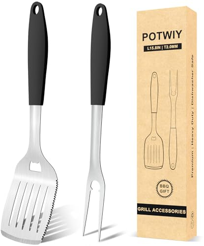 POTWIY Grill Tools BBQ Accessories Set of 2, 15.8'' Heavy Duty Stainless Steel Grill Utensils with Grill Spatula and Fork, Full Tang Silicone Handle, Outdoor Grilling Tools Barbecue Accessories