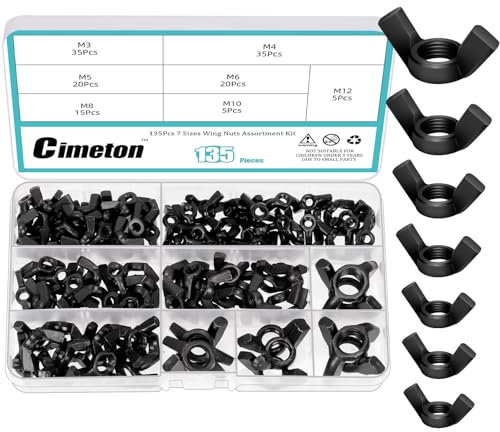 Cimeton 135PCS Flügelmuttern Sortiment Kits Kohlenstoffstahl M3 M4 M5 M6 M8 M10 M12 Schwarze Schmetterlingsmutter Flügelmuttern Befestigungselemente Flügelmuttern Hand Twist befestigen Ohr