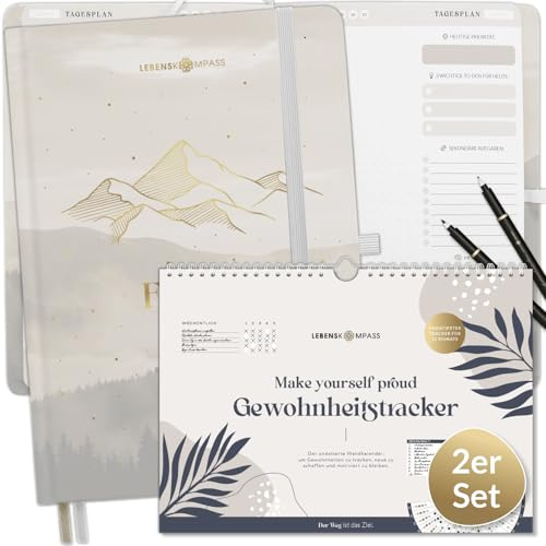 Lebenskompass® Produktivitäts-Set: Undatierter Tagesplaner Climb & 12-Monate Habit Tracker – Ideal für Büro & Studium – Mit Remindern, Reflexionsfragen, inspirierenden Zitaten & Tipps