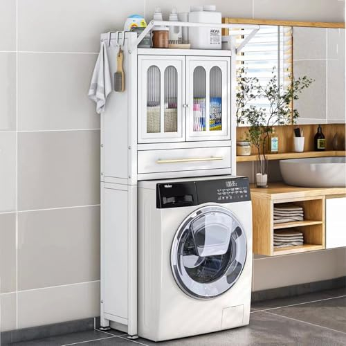 AHDFY Armario para Lavadora, Mueble sobre el Inodoro de pie, Armario de Almacenamiento Alto para lavandería Que Ahorra Espacio en el baño, Almacenamiento sobre el Inodoro, con 2 Puertas,Blanca