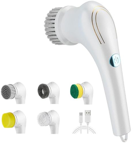 Xrten Spazzola Elettrica per Pulizia,Batteria Ricaricabile USB Spazzola,Spazzola Elettrica per Doccia,con 5 Testine per Trapano Sostituibili, per Bagno, Vasca, Piastrelle, Parete del Pavimento