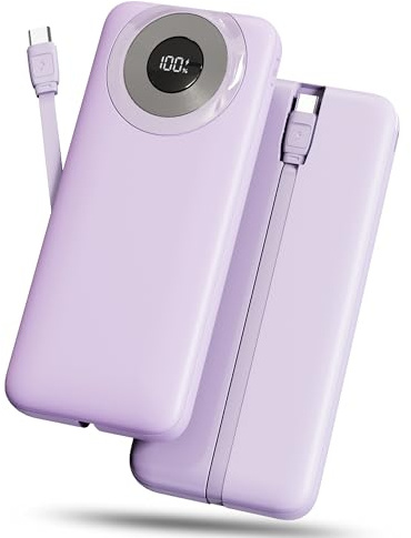 Hosgubo Powerbank Bateria Externa 10000mAh, 3A Carga Rapida Bateria Portatil USB-C in&out con 4 Salidas, Cargador Portatil con Cable Integrado para iPhone, xiaomi, Samsung (Pink)