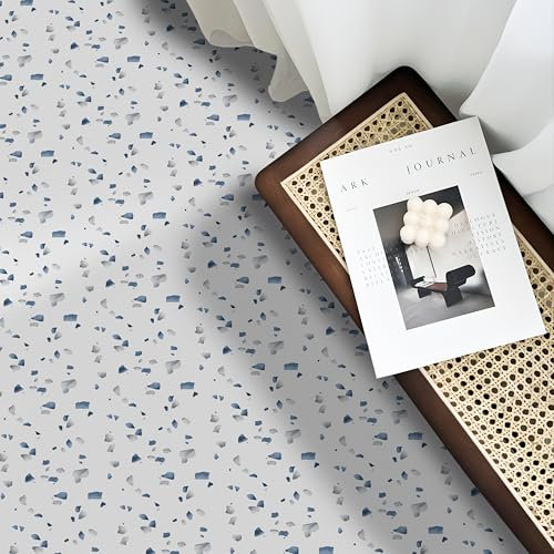 Alwayspon Vinyl Flooring 10 sheet 12inch/30cm White Blue Terrazzo Waterproof Non-slip Floor Tiles Decal for Kitchen Bathroom Living Room, Self-adhesive Peel and Stick Vinyl Tile Sticker