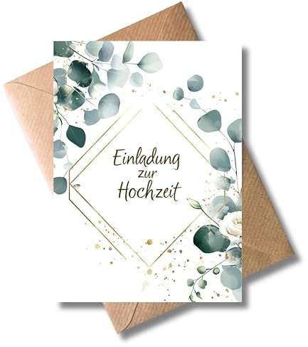 WBdesignz 10er Einladung Karte Hochzeit mit Umschlag - Einladungskarte zur Hochzeitsfeier Goldene Elemente Eukaliptus Floral Pfingstrosen Trauung Brautpaar Liebe Verlobung Hochzeitskarte (DIN A6)