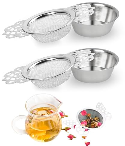 2 Pcs Tea Strainer, Filter Tea Mesh with Drip Bowls Tea Strainers, Stainless Steel Strainer for Loose Tea Leaf Filter