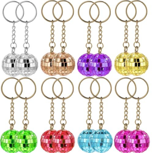 QWEPU Portachiavi a Sfera da Discoteca - 16 Pezzi, Anni '70, Argento a Specchio, per Halloween, Natale e Feste